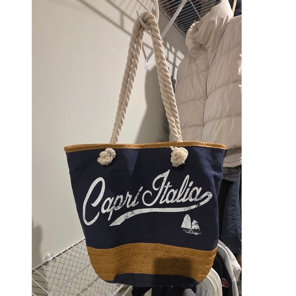 Capri Italia Navy Blue Tote Bag Raffia Trim Rope Handles Beach